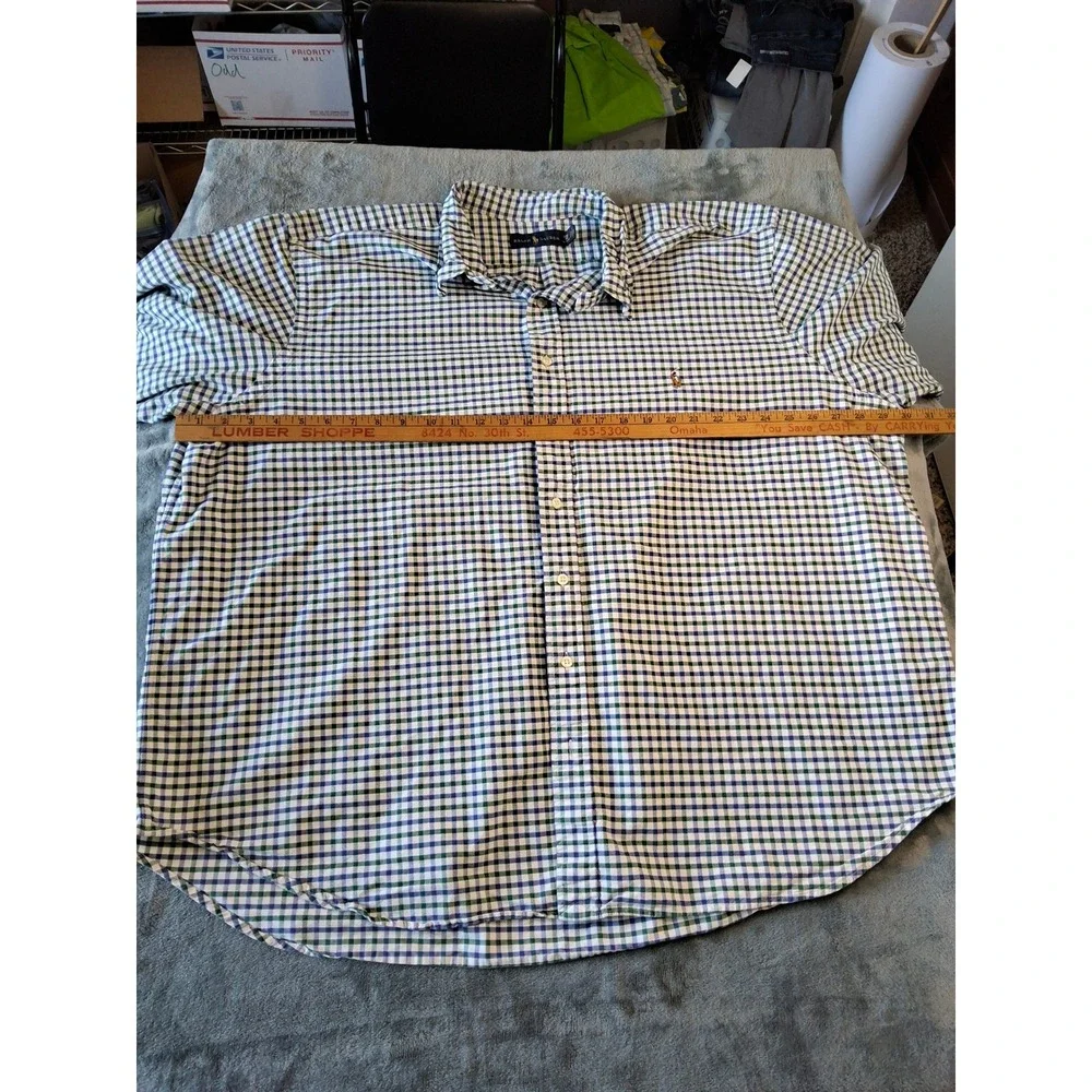Polo Ralph Lauren Mens 3XB Big & Tall Gingham‎ Button Down Shirt Green Navy Blue